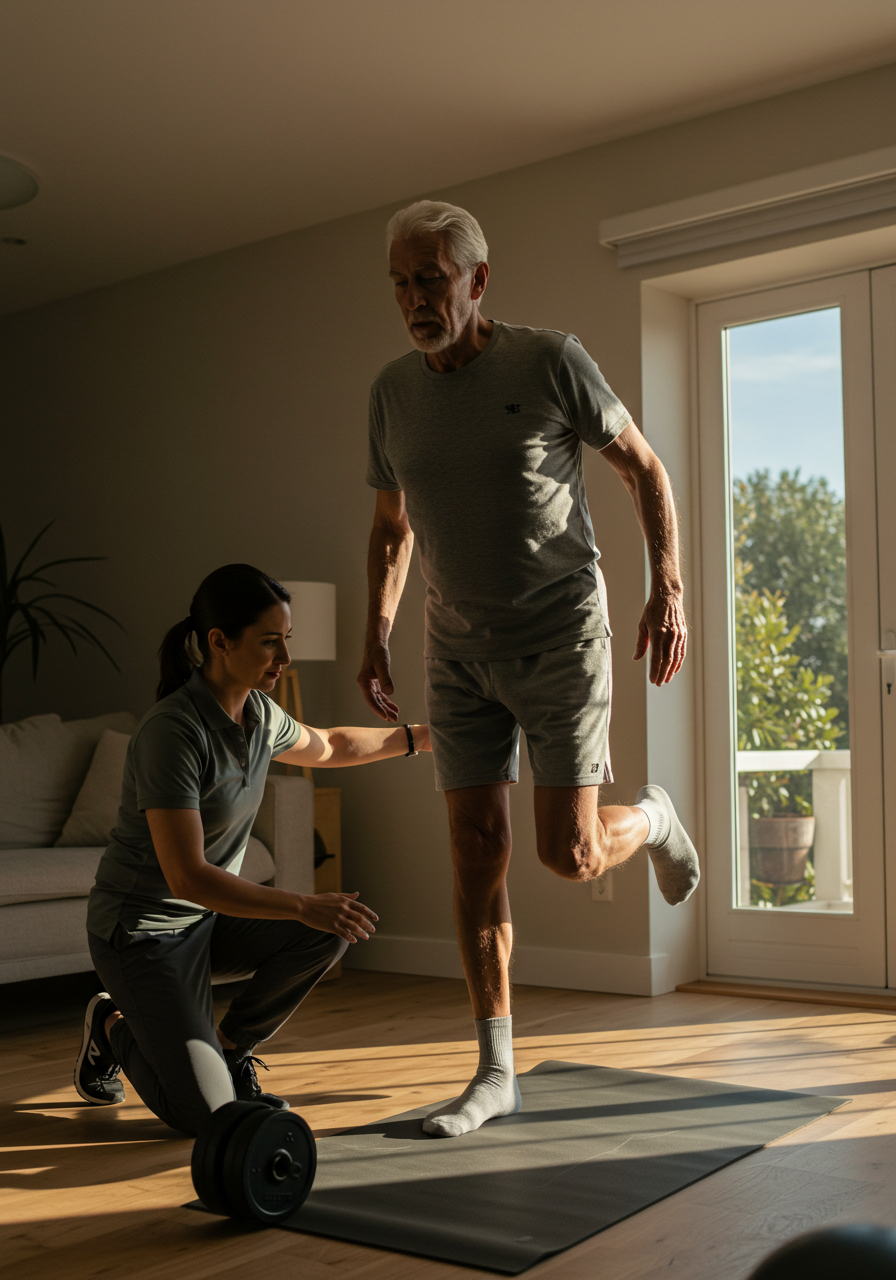 Alumno senior trabajando equilibrio con acompañamiento